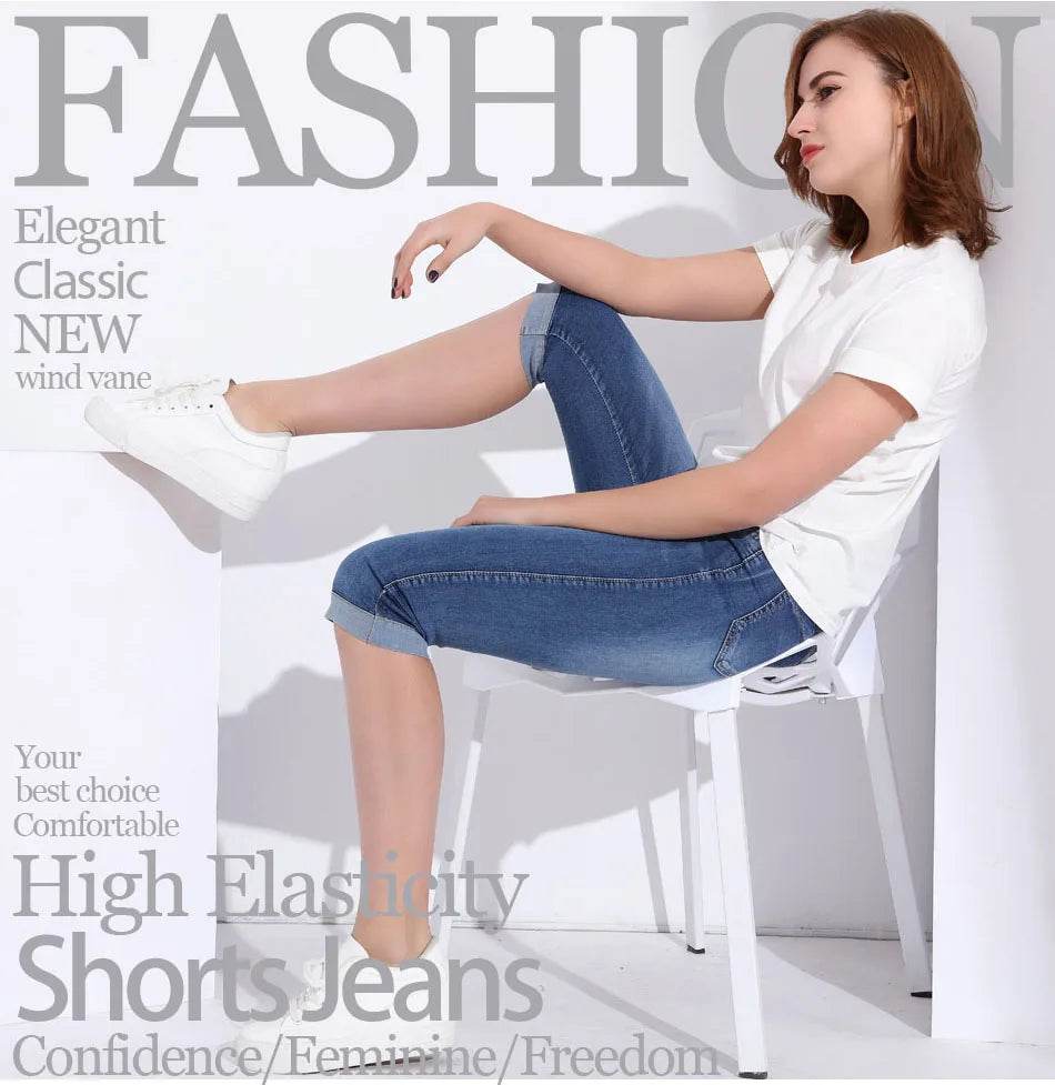 Woman's Jeans Black Denim Pants Ladies Cropped Trousers Skinny Knee Length Jeans Women Elastic High Waist Mom Jeans Oversize - AIAZ