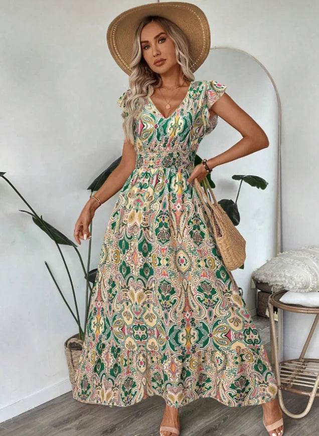 new dresses 2025 woman vestidos para mujer vintage dress Printed V-neck fashion dress Loose ruffle long dresses - AIAZ