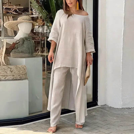 Women's Sets 2 Pcs Sale Casual O-Neck Long Sleeve Asymmetrical Dress& High Elastic Waist Wide Leg Solid Pant Suits Plus Size - AIAZ