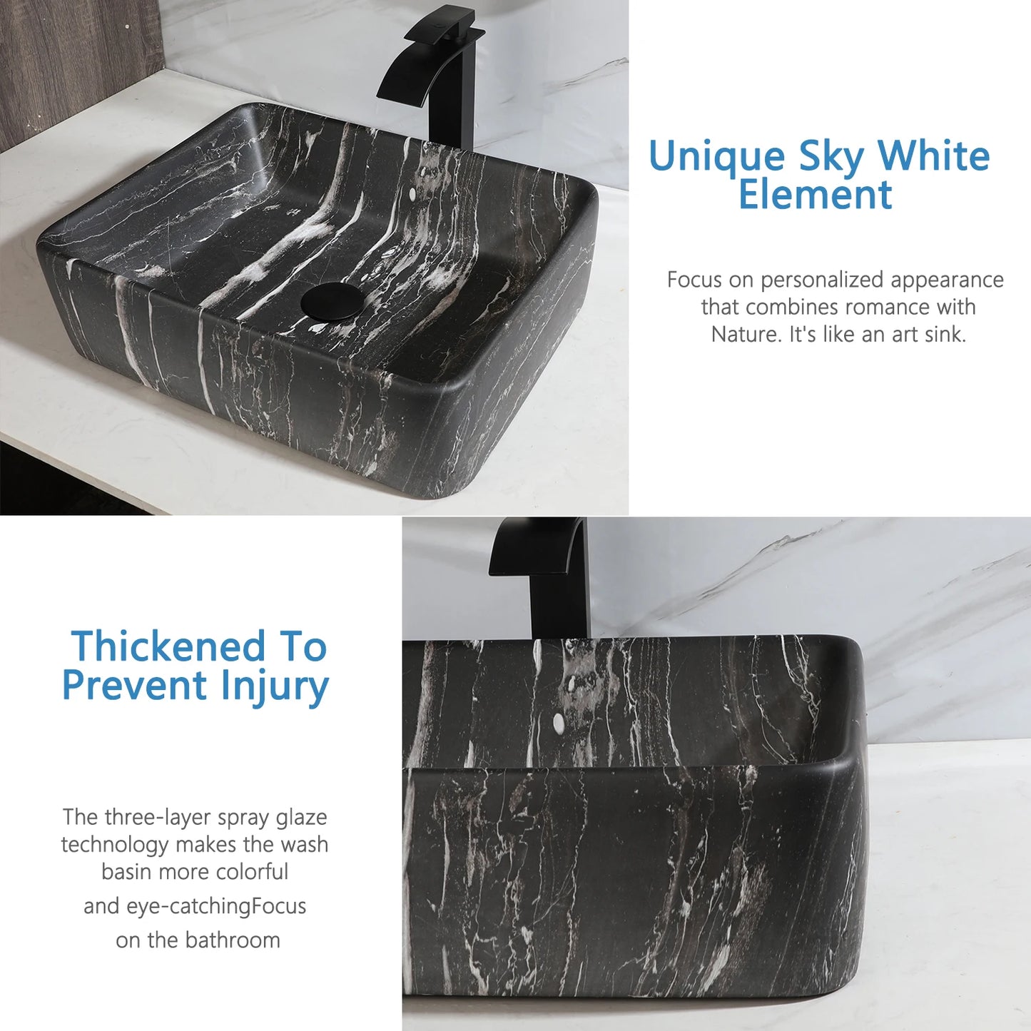 JIENI Bathroom Marble Style Vessel Sink Set Square Ceramic Basin Bowl Sink Black Faucets High-end European Modern Washbasin