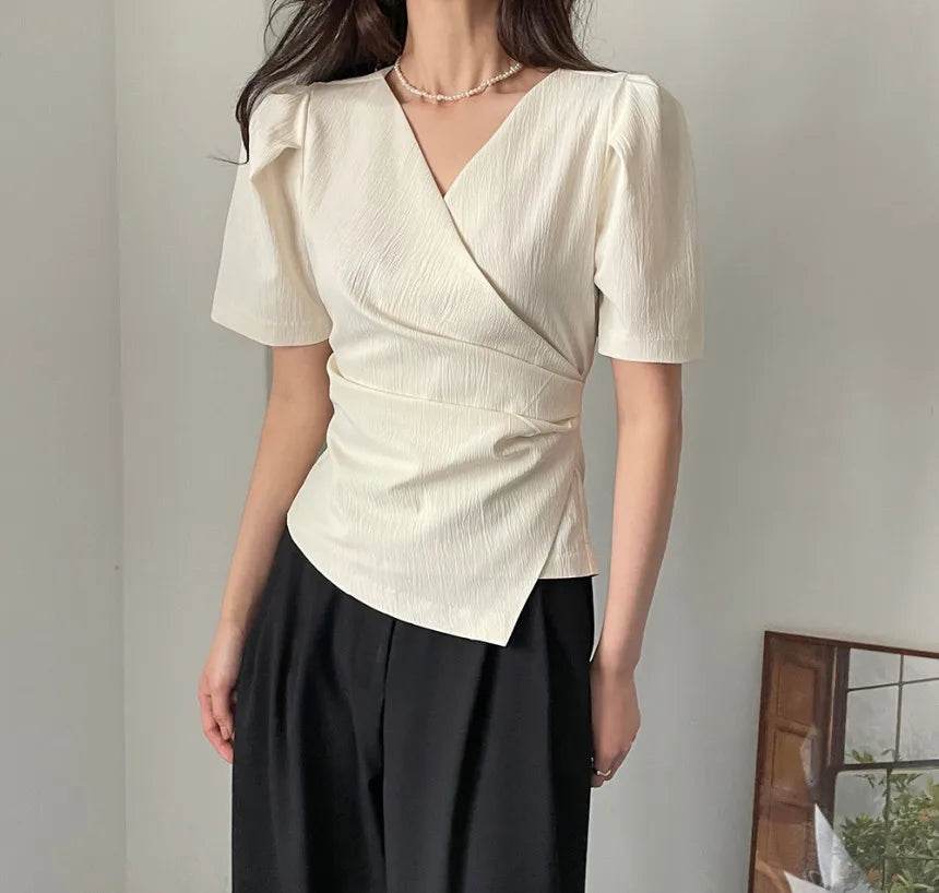 Women Blouse 2025 Spring Summer Solid Tucked V Neck Slim Blouse Elegant Short Sleeve Asymmetrical Top For Women Hot Sale - AIAZ