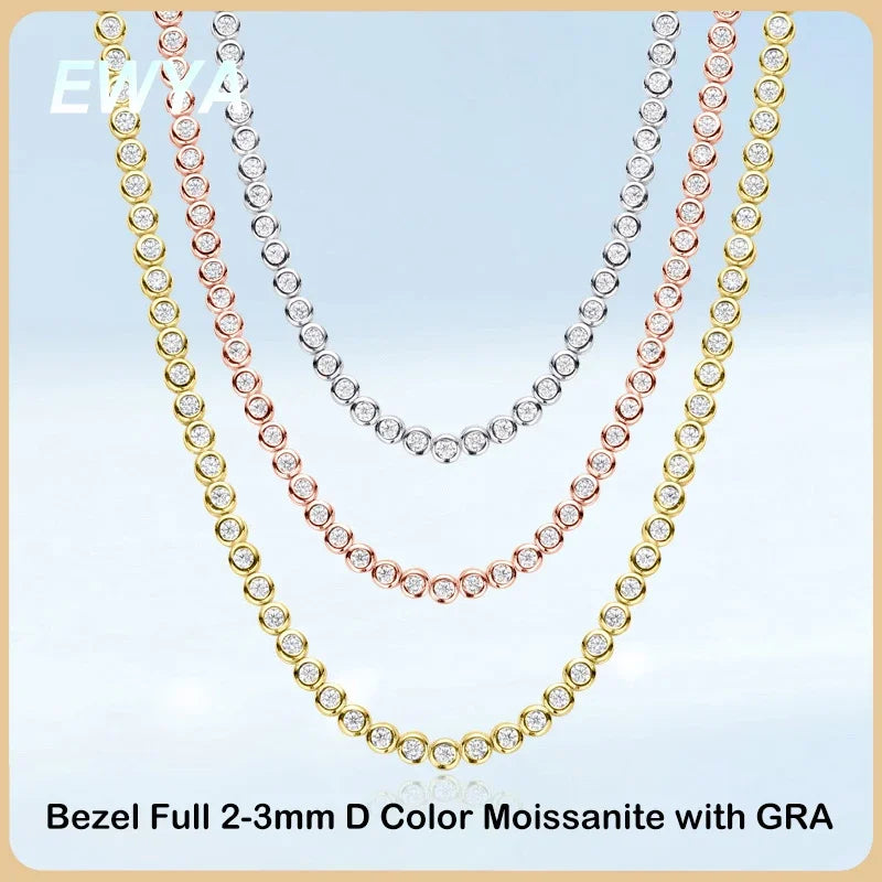 EWYA Luxury Bubble 2/3mm D Color Full Moissanite Tennis Necklace for Women S925 Silver Plated 18K Diamond Neck Chain Necklaces