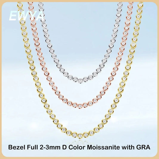 EWYA Luxury Bubble 2/3mm D Color Full Moissanite Tennis Necklace for Women S925 Silver Plated 18K Diamond Neck Chain Necklaces