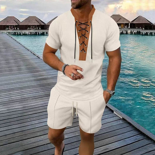 The 2025 men's new waffle checkered round-neck fashionable top, a two-piece casual suit with a rope short sleeve and shorts - AIAZ
