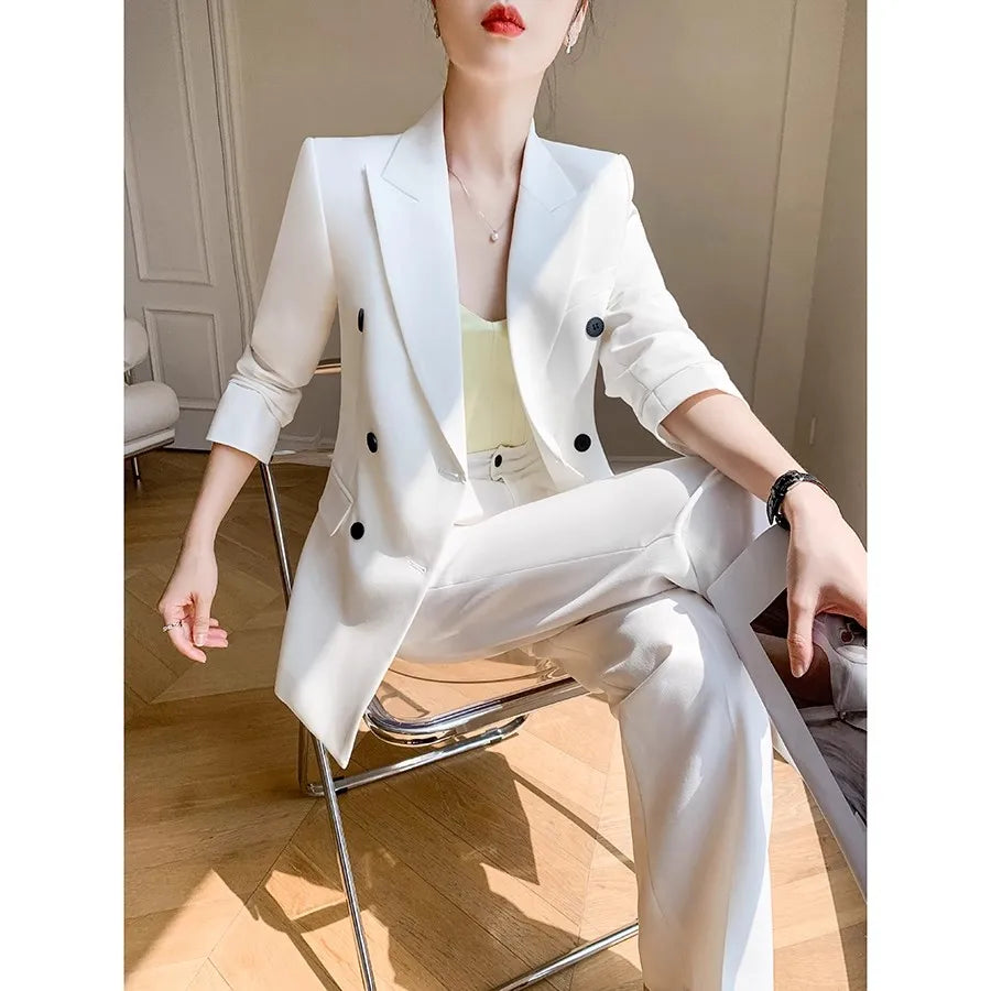 Solid White Suit Women 2025 New Spring Autumn Flares Pants High-Grade Slimming Business Clothing Sets Formal Suits Overalls