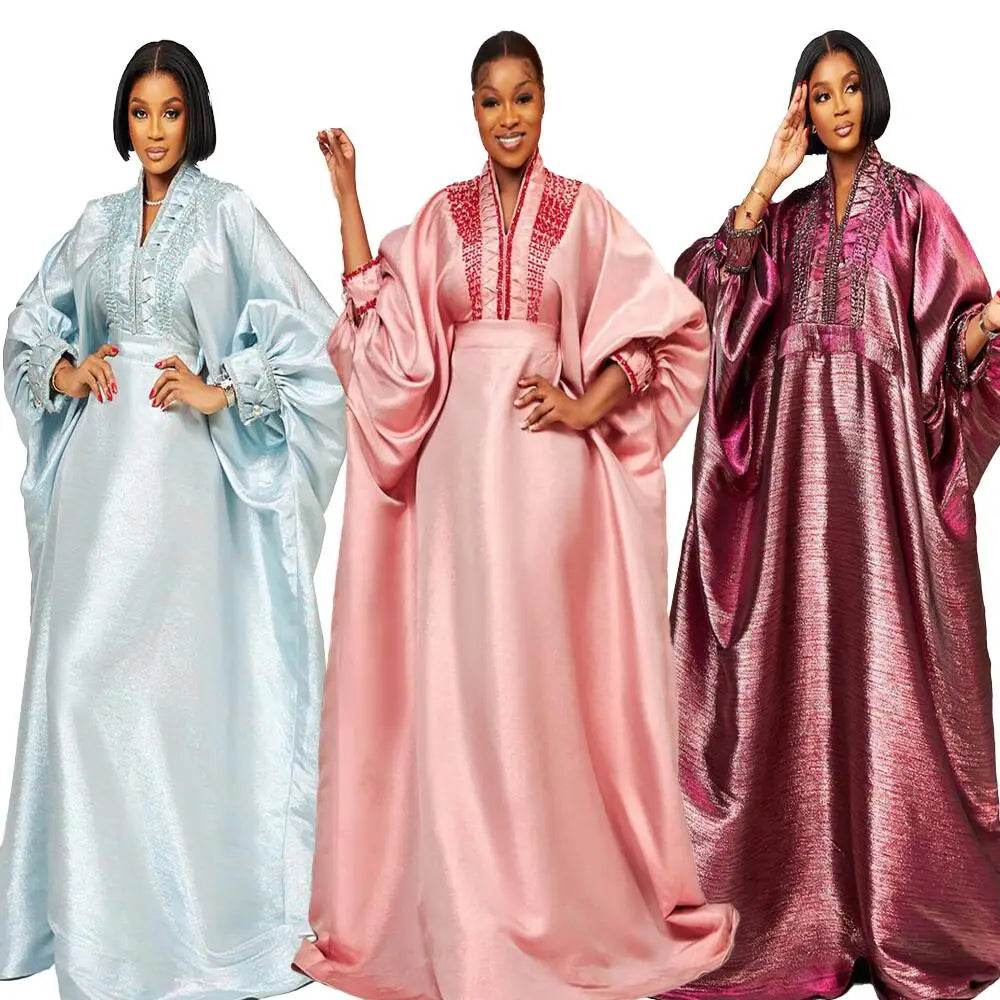 fashion turkey dresses for woman luxury elegant 2025 V-neck rhinestones dresses for church boubou african dresses - AIAZ