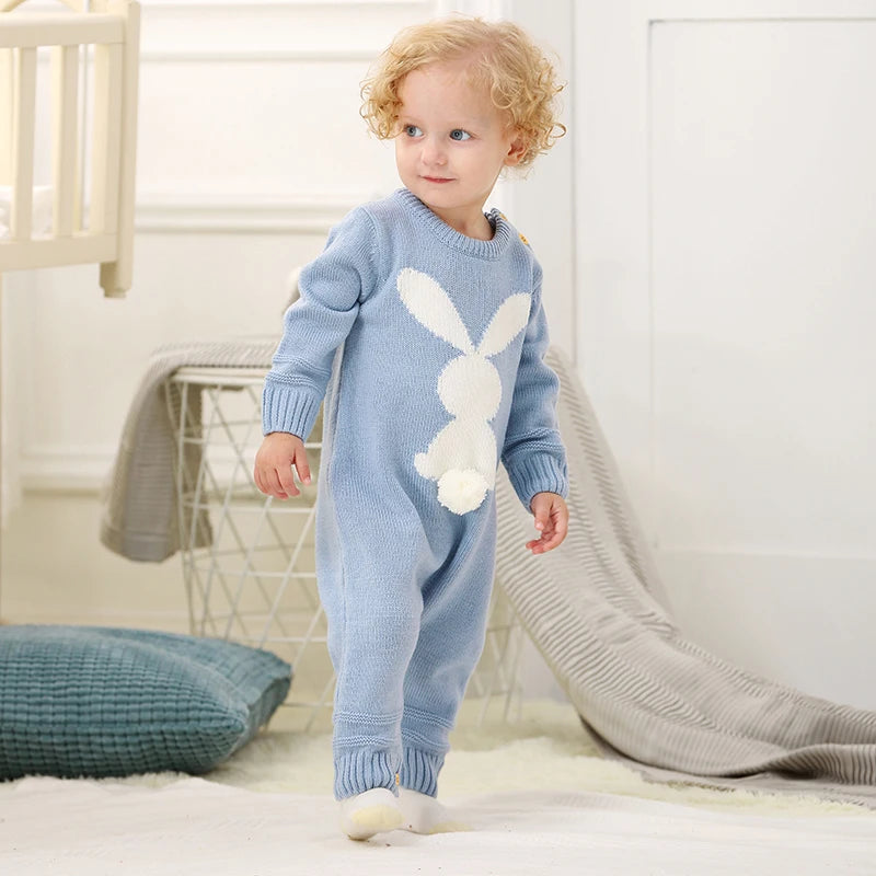 Cute Rabbit Knitted Baby Rompers Clothes Spring Autumn Crew Neck Long Sleeves Newborn Boys Girls Easter Jumpsuits Outfits 0-18m