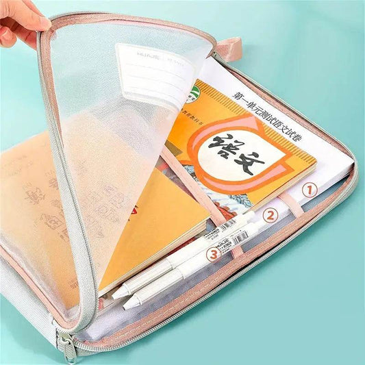 School Office Supplies Stationary Bag Stationery Storage Bag Double-layer Mesh Zipper Bag Large Capacity Organizer Folders - AIAZ