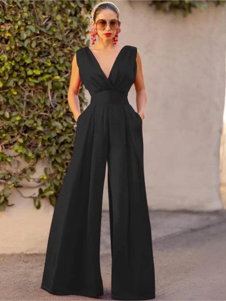 Jumpsuit Women Summer New Sleeveless Sexy Deep V-neck Solid Color High Waist Wide Leg Jumpsuits Elegant Commuting Lady Playsuits - AIAZ