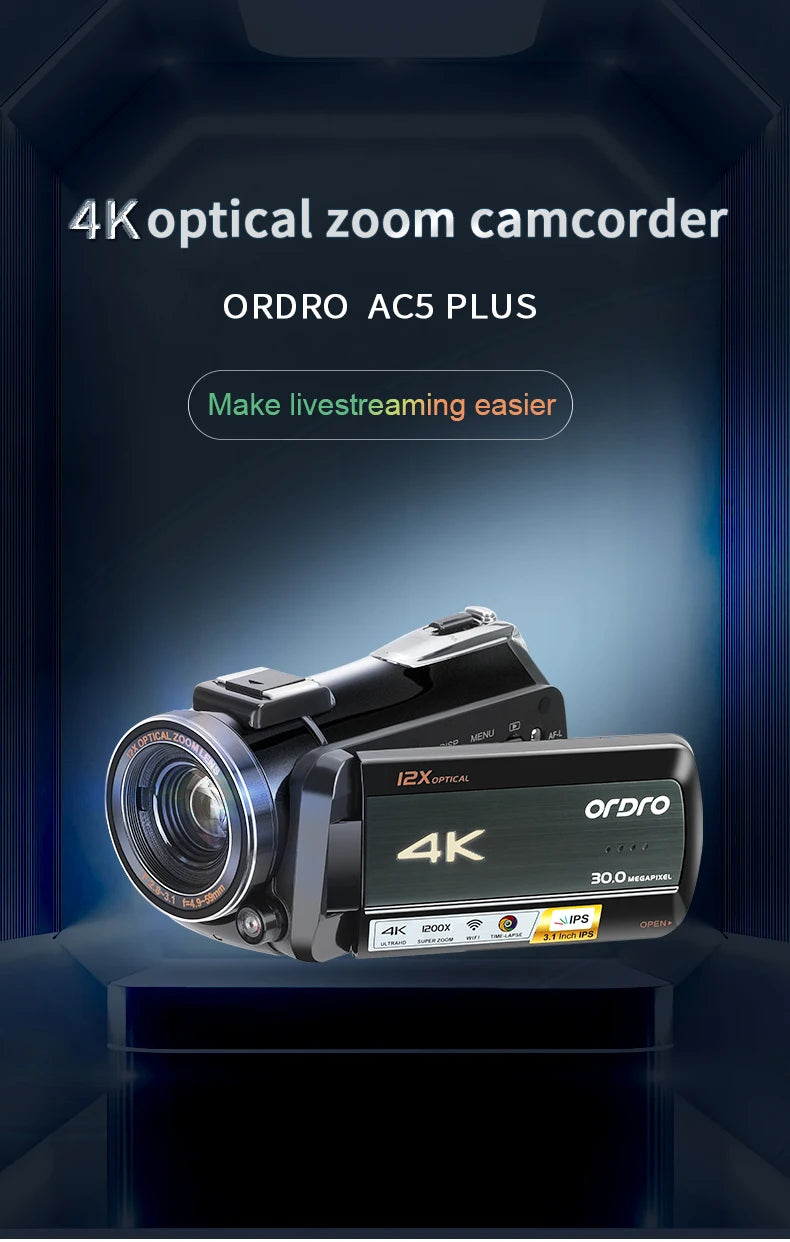 Live Streaming Camera 4K Digital Camcorder Ordro AC5PLUS 12X Optical Zoom for YouTube Vlog Church Wedding Videos Home Use