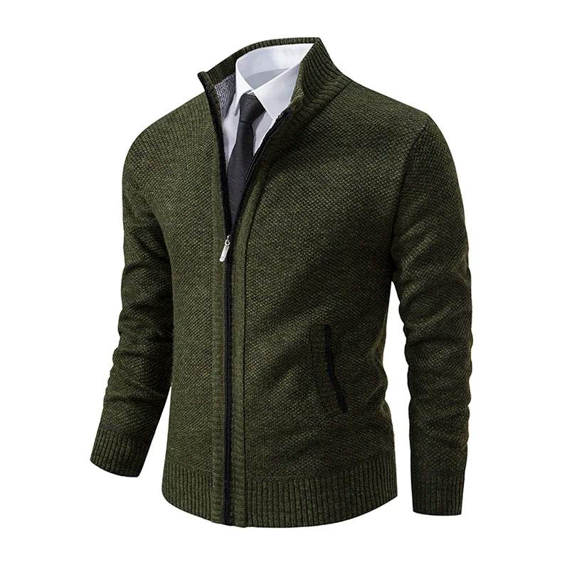 Autumn And Winter New Jersey Men's Casual Sports Coat Solid Color Stand Collar Wweater Grab Fleece Warm Zipper Cardigan - AIAZ
