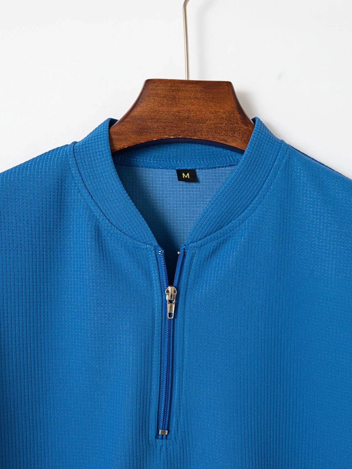 2025 Men's new summer suit Waffle collar solid color zipper short sleeve pants suit fashion casual loose sportswear - AIAZ