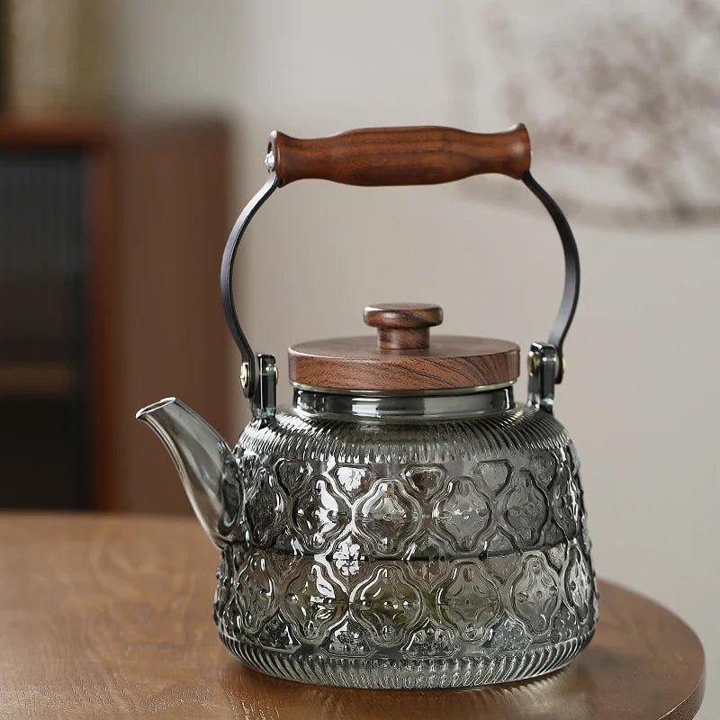 1000ML Embossed High Borosilicate Glass Teapot With Tea Strainer Infuser Flower Puer Kungfu Tea Set Kettle Lifting Beam Tea Pot