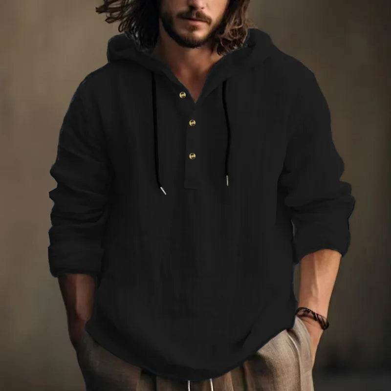 24 New cotton and linen shirts hooded loose large size casual sweater long sleeve hoodie men - AIAZ