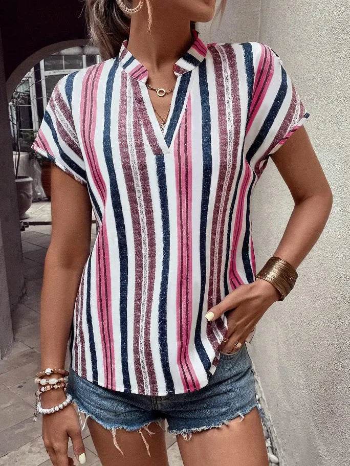 Women's Tops Blouses New 2025 Summer Casual Fashion Striped Print V-neck Short Sleeve Shirt Elegant Women Shirts Tops Streetwear - AIAZ