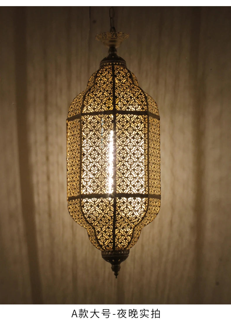 Vintage Antique Hollow Carving Pendant Lamp Southeast Asia Moroccan Golden Hanging Light Restaurant Bar Industrial Pendant Light