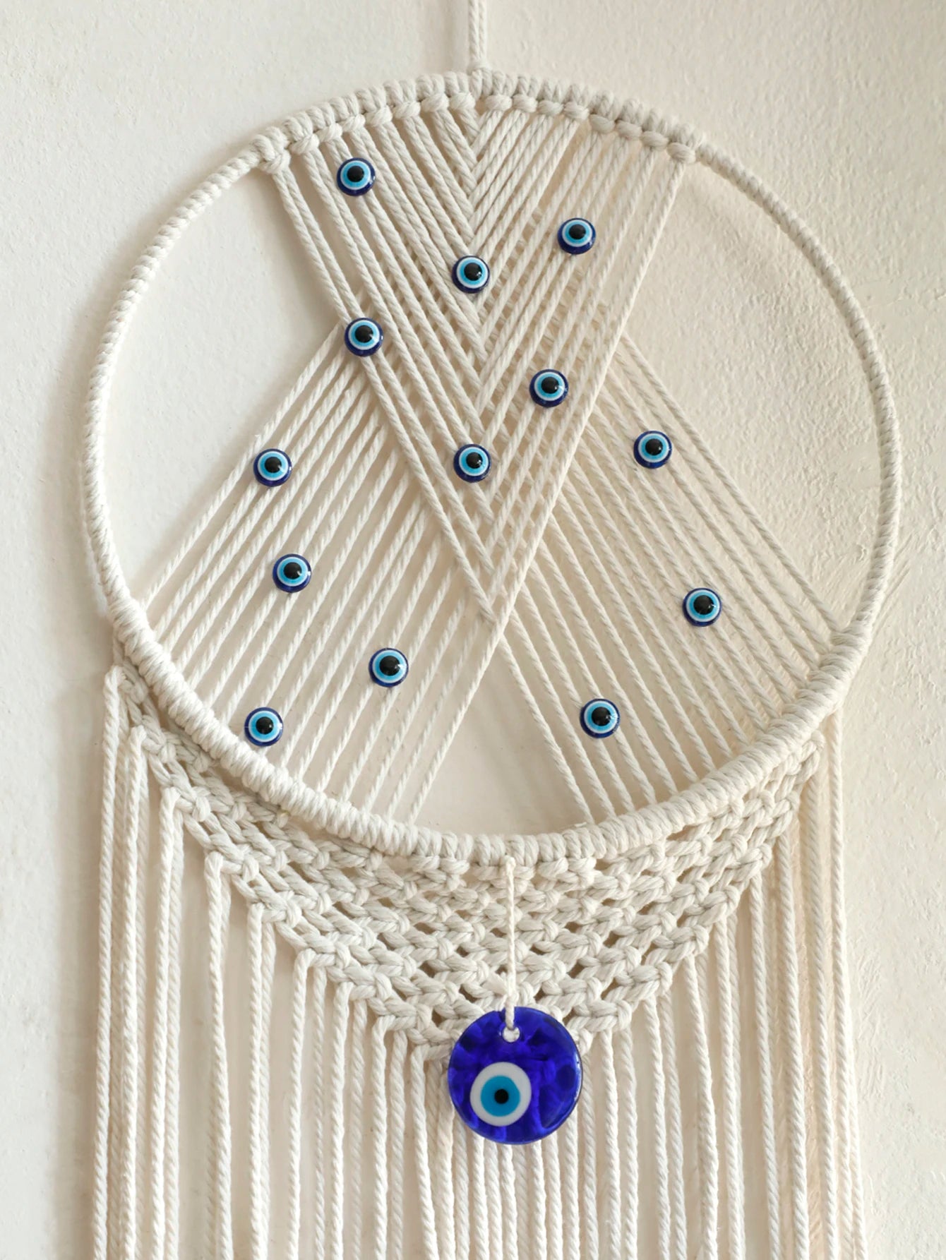Handmade Macrame Wall Hanging with Fringe and Evil Eye Beads – Boho Chic Yarn Tapestry Home Bedroom Living Room or Nursery Decor