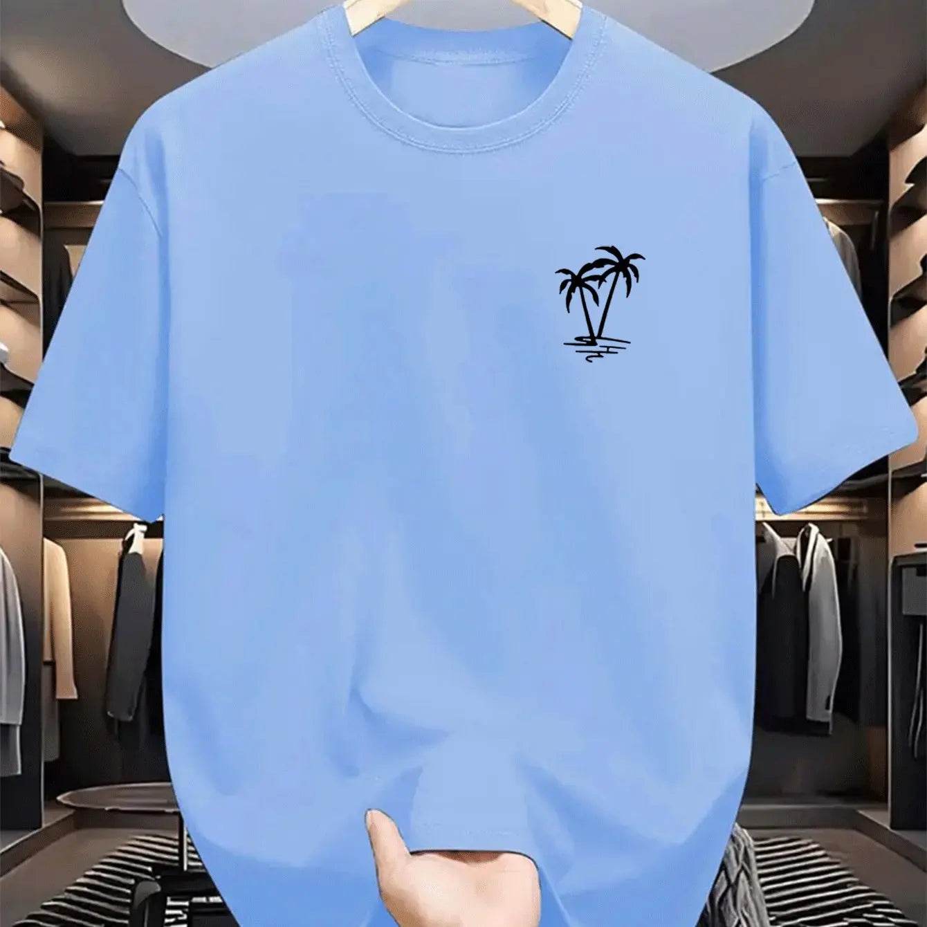 Men's summer 100% cotton fashionable casual loose coconut tree pattern printed sports round neck short sleeved T-shirt top - AIAZ