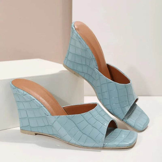 Snake Print Leather Wedges Shoes For Women Mules Slippers Summer Square Toe High Heels Gladiator Sandals Slides 2023 - AIAZ