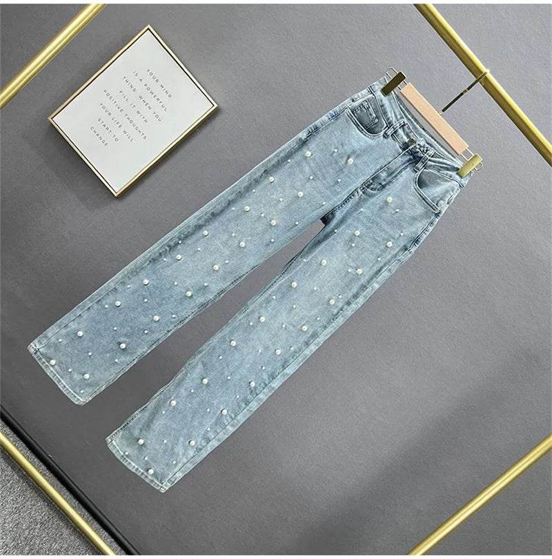 Denim Pants Fashion Beaded Jeans Wide-Leg Pants Female Tide 2025 New Spring And Summer High Waist Loose Mop Pants - AIAZ