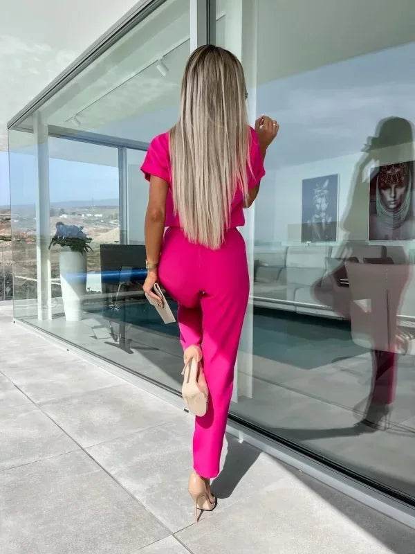 Jumpsuit Women 2023 Solid Color Short Sleeve V-neck Pocket Lace-up Pencil Long Pants Jumpsuits Summer Outfits Bodysuits - AIAZ