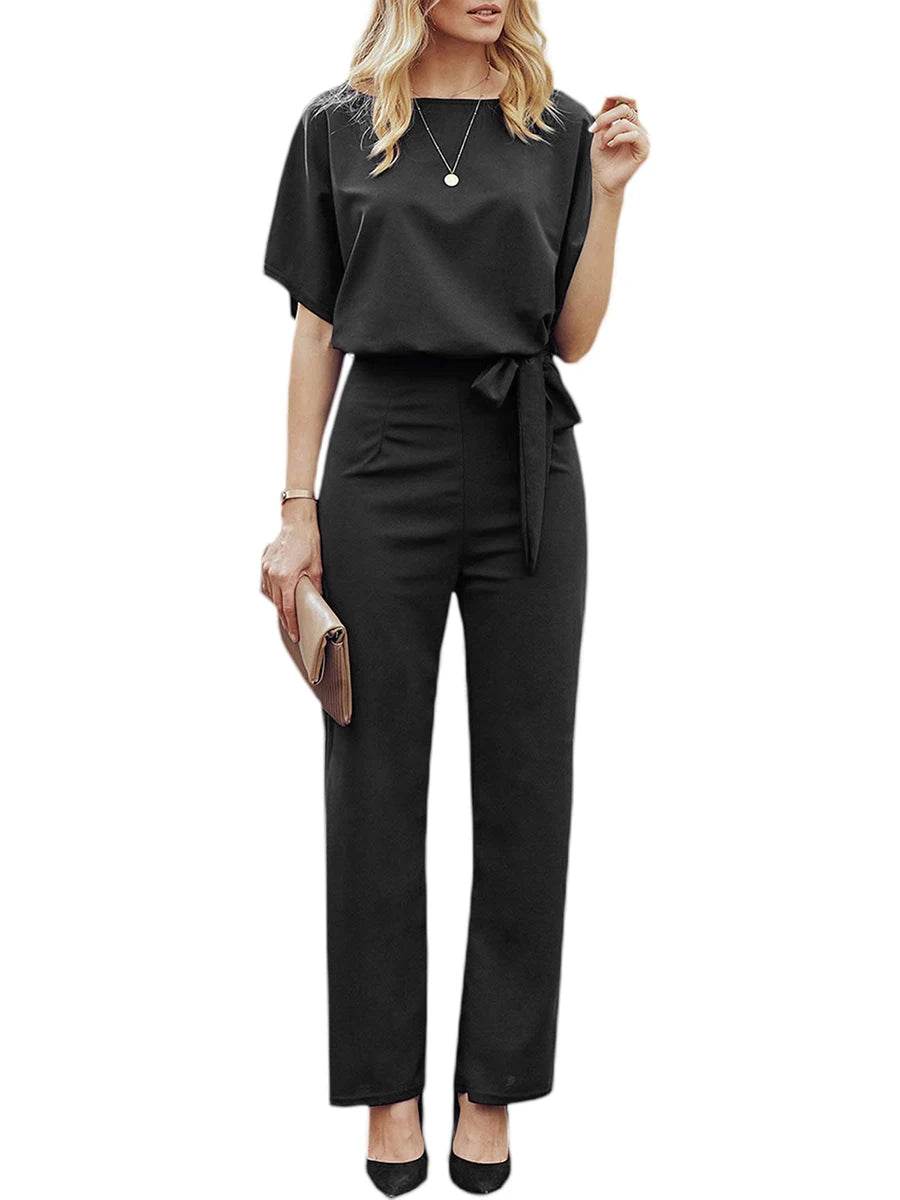 Women's clothing summer 2024 Jumpsuit, Elegant Short Sleeve Hollowed Waist Tie Solid Summer Wide Leg Pants - AIAZ