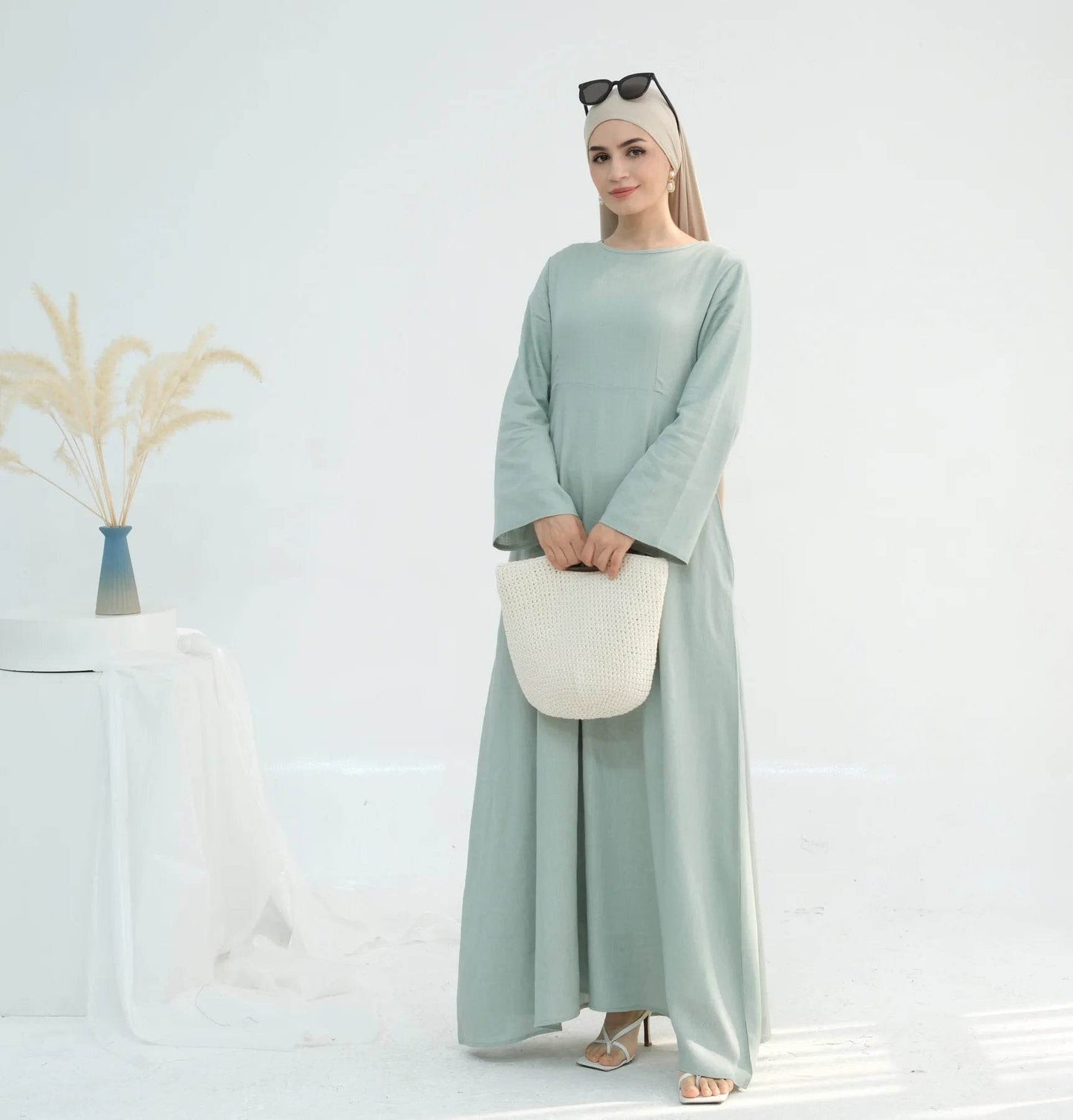 Muslim Women Long Loose Maxi Dress Dubai Turkey Solid Color Cotton Linen Waist Robe Abaya - AIAZ