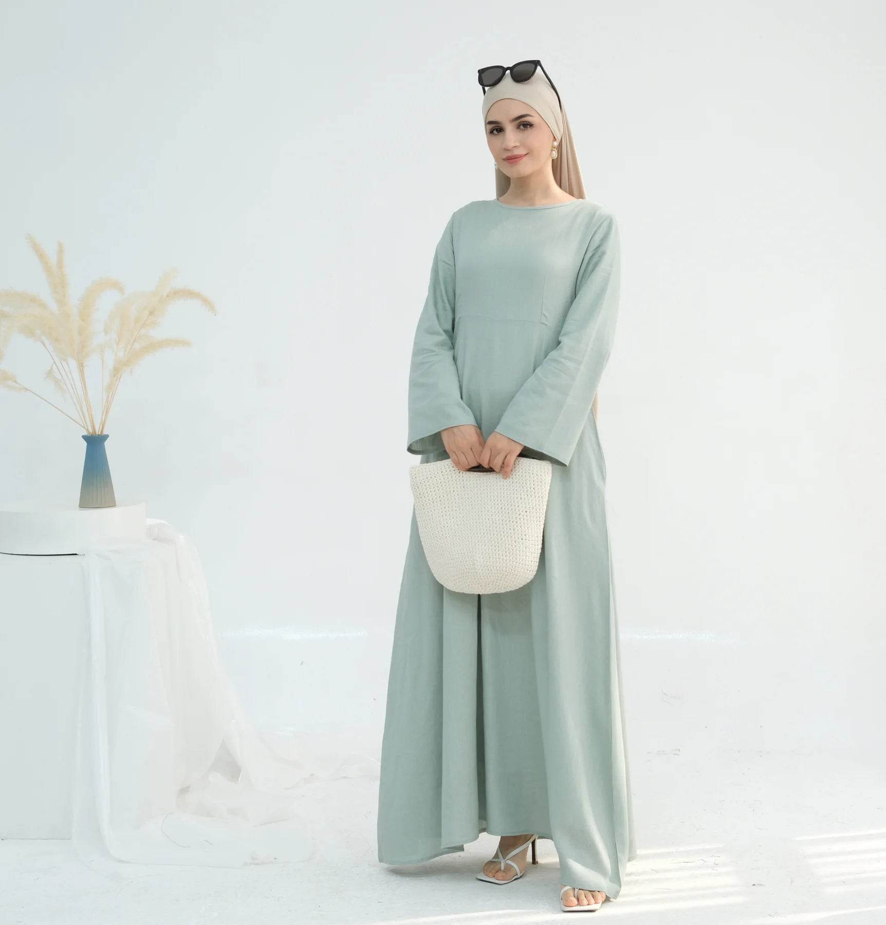 Muslim Women Long Loose Maxi Dress Dubai Turkey Solid Color Cotton Linen Waist Robe Abaya - AIAZ