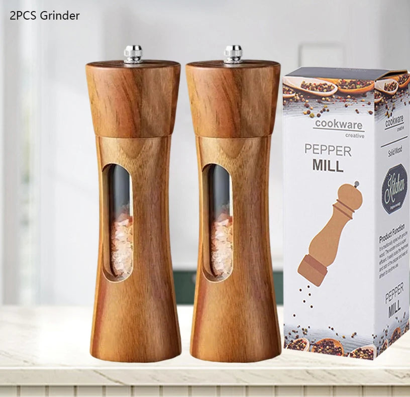 Wood Pepper Grinder Shaker Adjustable Ceramic Core Grinding Bottle with Base Wood Salt Pepper Mills for Kitchen Cooking BBQ