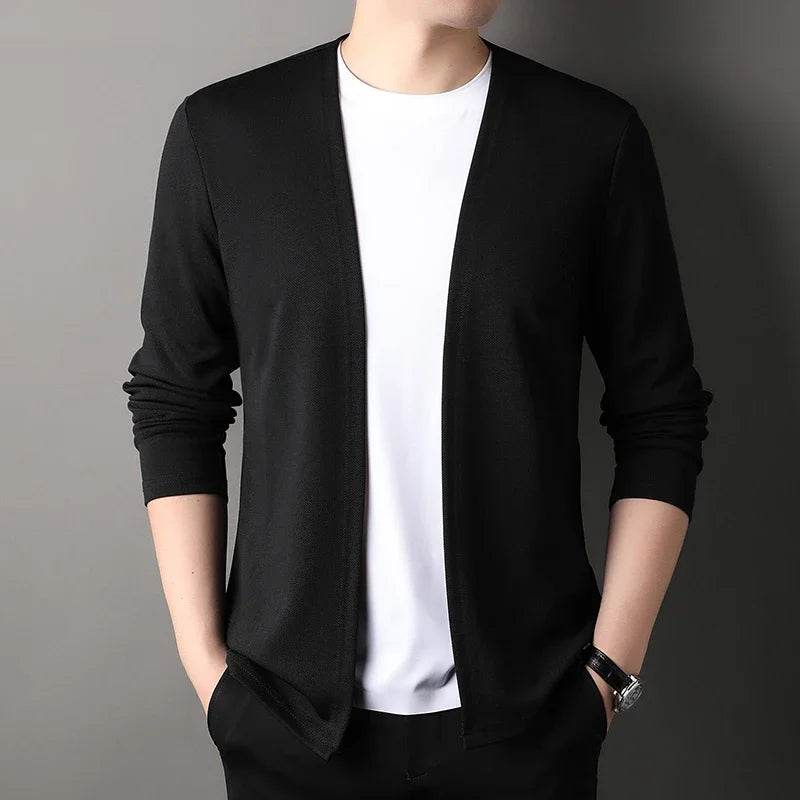 New Men's Casual Solid Color Long Sleeved Cardigan Cloak Spring and Autumn Fashionable Comfortable Top - AIAZ