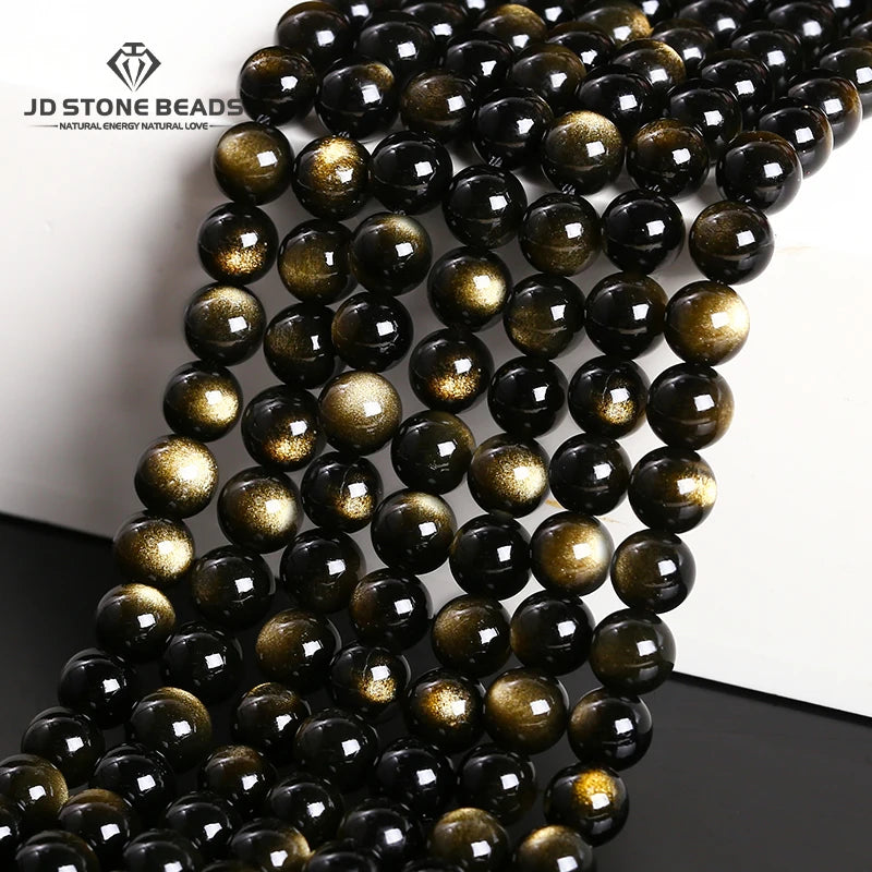 Natural Stone Golden Black Obsidian Bead Shinny Round Loose Gemstone Bead for Jewelry Making Diy Bracelet Necklace Accessory 15"