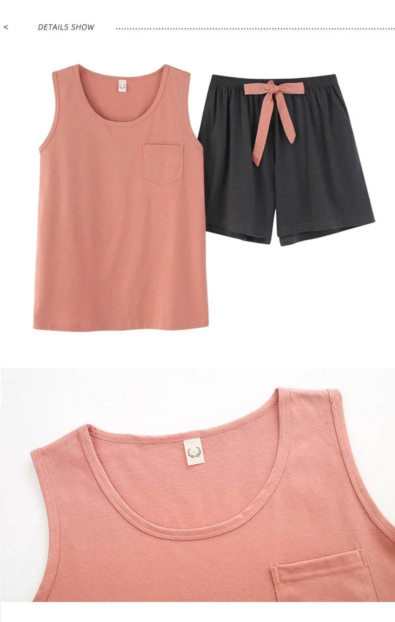 New women's pajamas set summer Cotton solid color top print shorts sleepwear Korean kawaii home clothes pijama two piece set - AIAZ