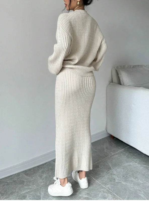 Women's Long Sleeved Jacket Sweater V-neck Cardigan Loose Two-piece Set Solid Color Knitted Hip Skirt Set - AIAZ