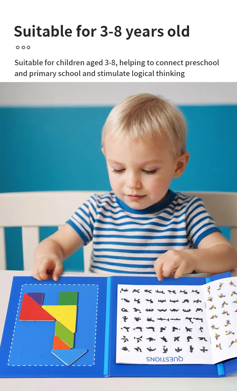 Montessori Wooden Jigsaw Magnetic Tangram Puzzle Book Educational Toys For Kid Learning Logical Game Geometric Shape Block