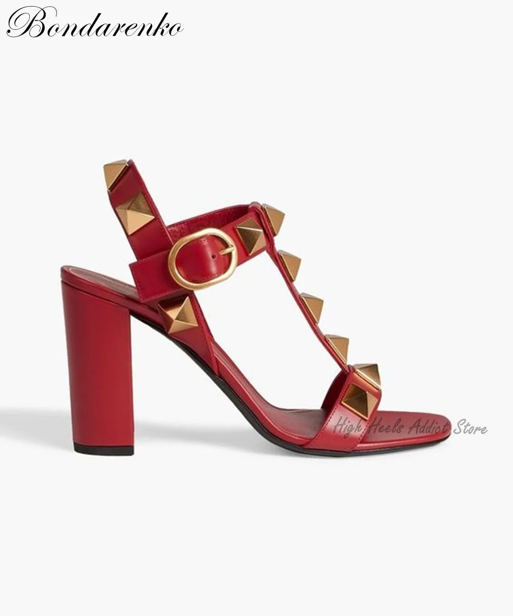 Rockstud Block Heel Leather Sandals Roman Stud Pink Black White Buckled High Heels Summer New Luxury Designer Shoes on Offer
