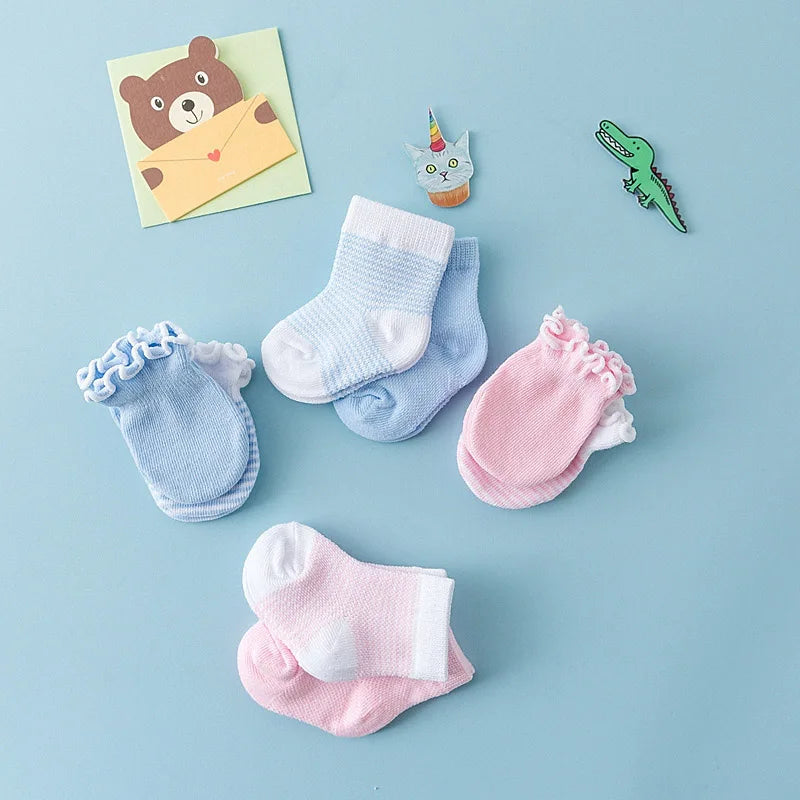 4Pair/Set Solid Color Baby Socks Gloves Set Cute Strip Elastic Infant Toddler Socks Soft Cotton Newborn Girl Boy Ruffle Mitten