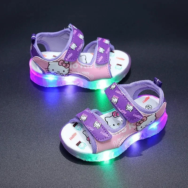 2024 Summer Baby LED Light Sandals For Girls Cute Hello Kitty Children's Casual Shoes Anti-slip Kids Beach Shoes Outdoor Shoes