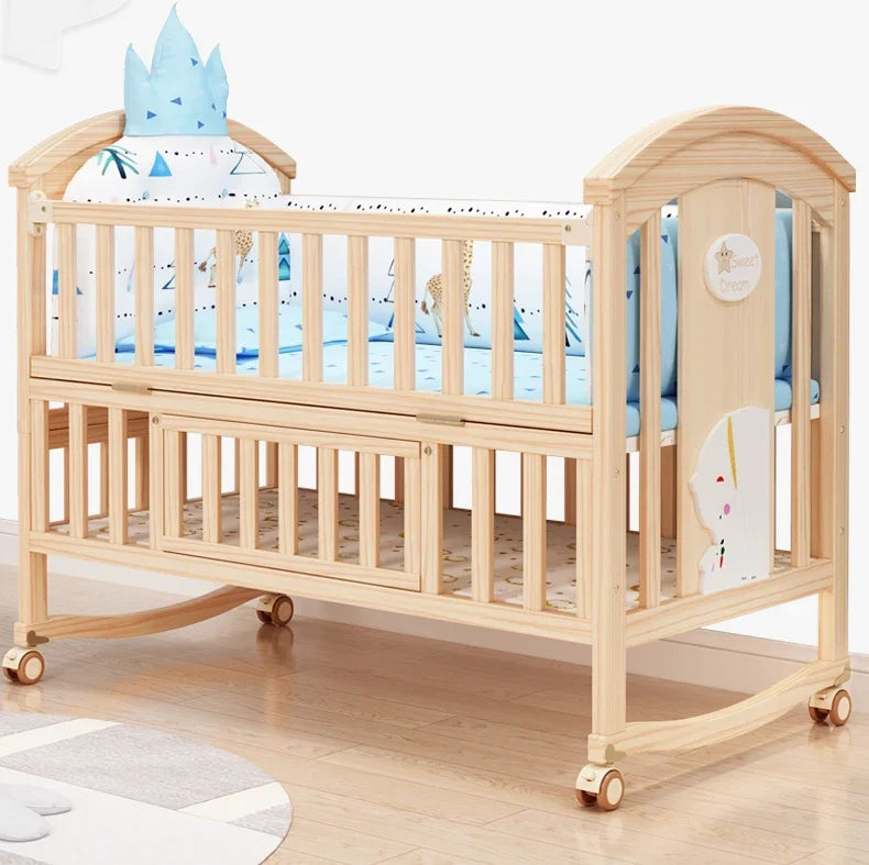 Baby Crib Multifunctional BB Baby Crib Solid Wood Unpainted Cradle Bed Movable Newborn Children Splicing Large Bed