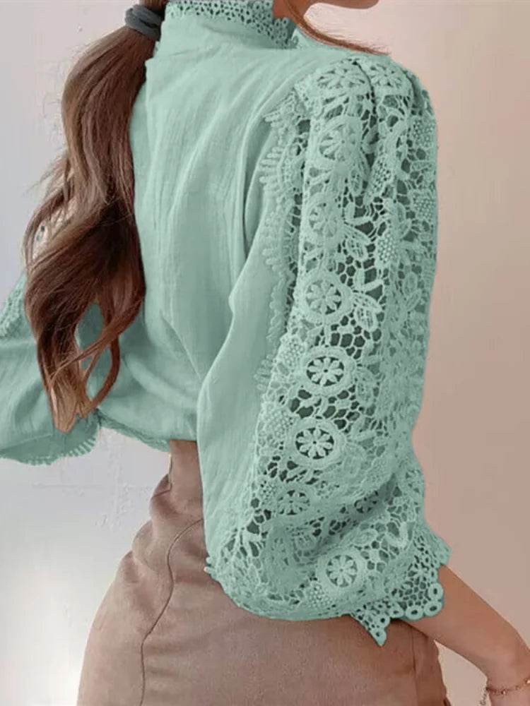 Women's Summer Lace Shirt Button White Top Fashionable Casual Top for Spring Autumn4107 - AIAZ