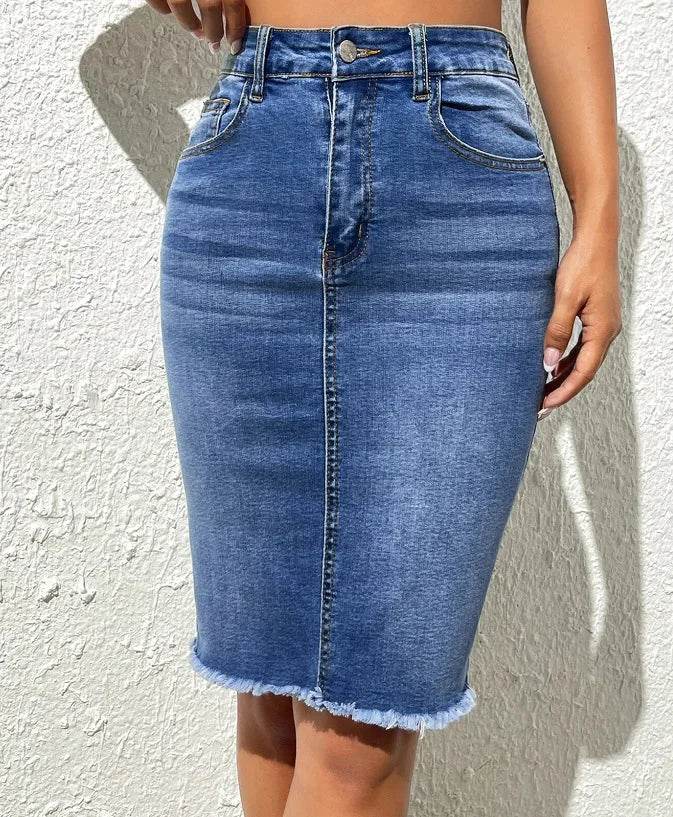 Skirts Women Denim Skirt Mid Length Slim Fit Solid High Waist Casual Regular Elegant Splice Hip Wrap Button Pocket Summer - AIAZ