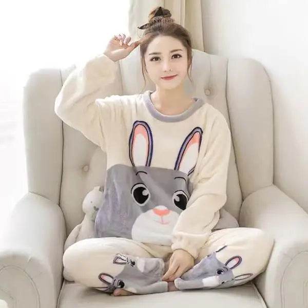 Women Pajamas Autumn Winter Flannel Warm Woman Sleepwear Korean cute Cartoon Pajama Set Fashion Pijama Mujer Home Cloth Pyjamas - AIAZ