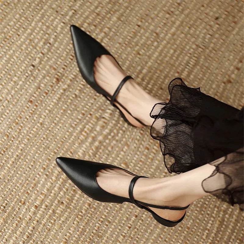 Summer Sandals Sheep Leather Women Shoes Pointed Toe Low Heel Women Pumps Genuine Leather Cover Toe Sandals for Women Handmade - AIAZ