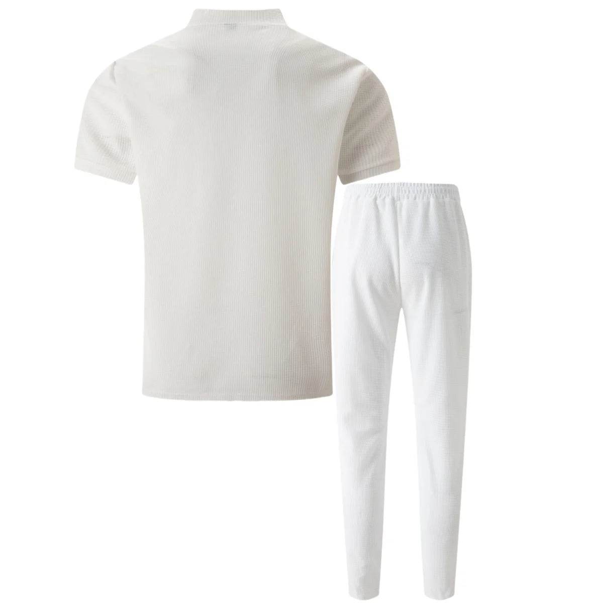 2025 Men's new summer suit Waffle collar solid color zipper short sleeve pants suit fashion casual loose sportswear - AIAZ