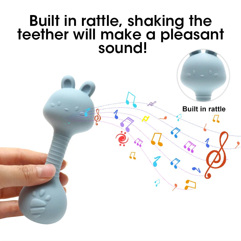 Food-Grade Baby Bunny Silicone Rattle Teether – Dumbbell Shape for Easy Grip, Handheld Toy for Infants