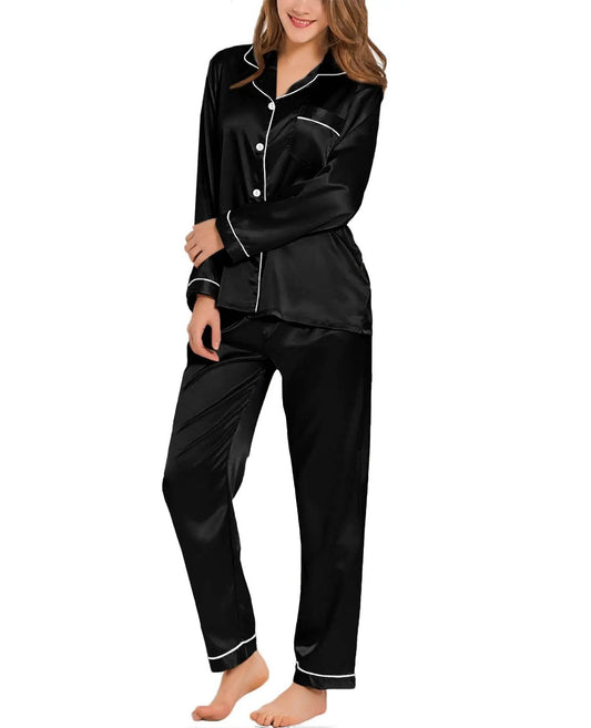 Womens Silk Satin Pajamas Loungewear Two-piece Sleepwear Button-Down Full Sleeve Long Pj Set - AIAZ