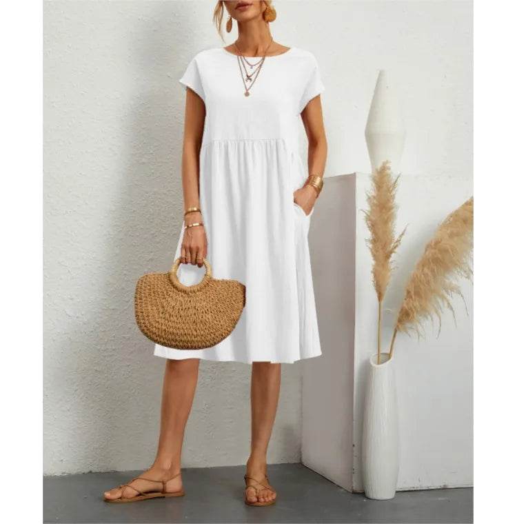 Women's Dresses 2025 Summer Fashion Casual Dresses Women Loose Mid Length Over Knee Dress New Short Sleeve Solid Dress Woman - AIAZ