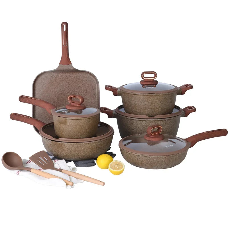 DONNOR 16Pcs/set Pot Set Home Nonstick Beef Steak Frying Pan Stewed Pot with Silicone Spatula and Glass Lid Kitchen Cookware Set