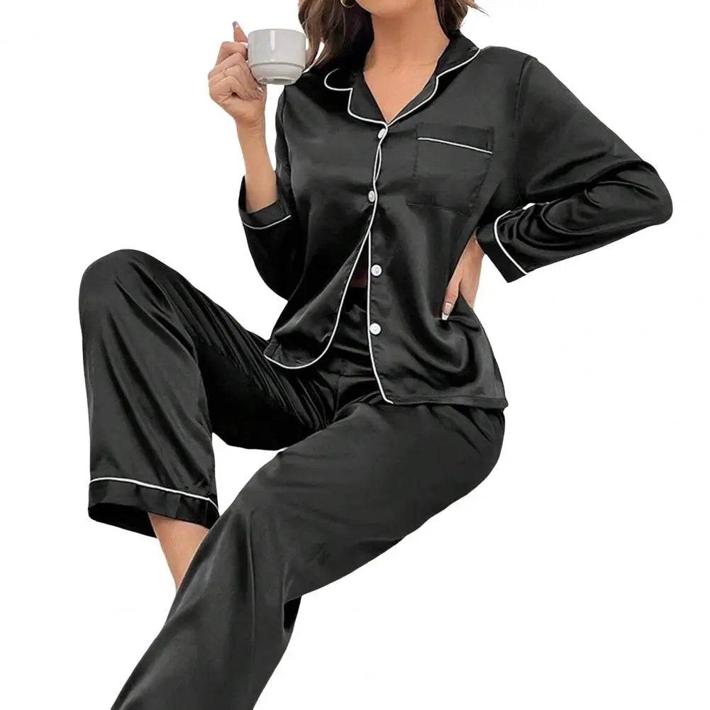 Women Two-piece Pajama Set Classic Design Sleepwear Elegant Women's Silk Pyjama Set with Long Sleeve Button Top Elastic for Home - AIAZ
