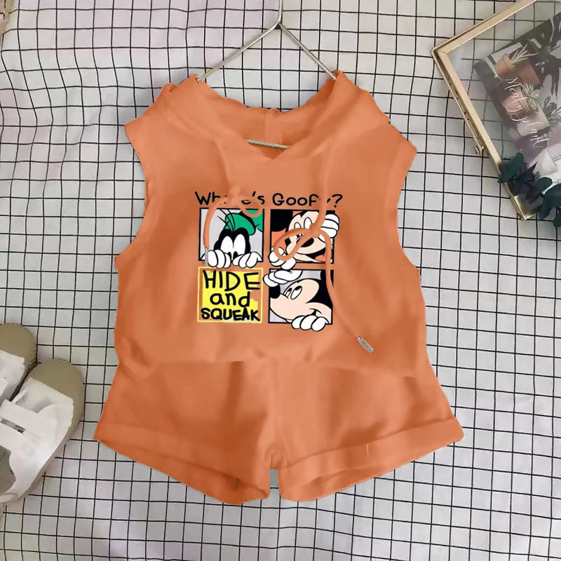 Cartoon Mickey T-shirt Vest+Shorts 2Pcs Suit Children's Sets Children's Top and Bottom Clothes Set Clothing Kids Outfits Disney