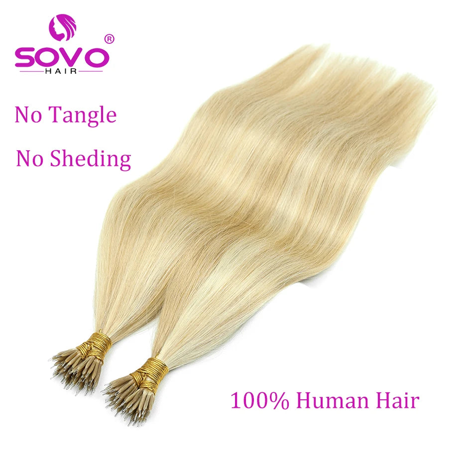 SOVO 100 Strands Nano Rings Human Hair Extensions Natural Blonde Micro Bead Loop Pre Bonded Remy European Straight Hair